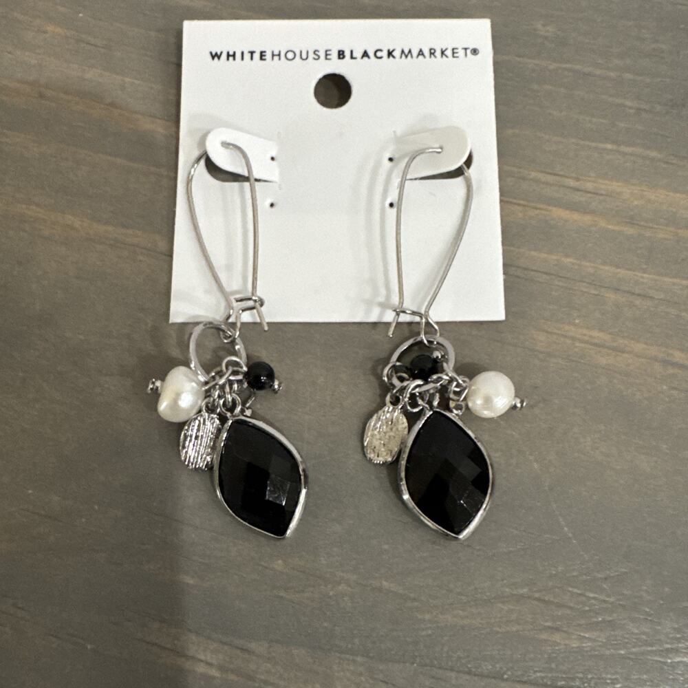 White House Black Market Earrings Faceted Black Teardrop Stone /Pearl Accents